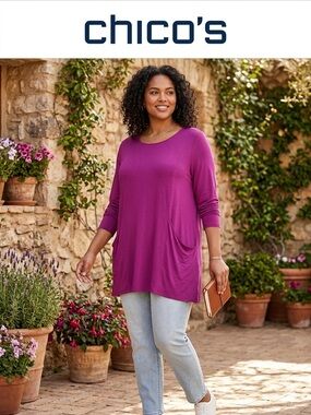 Chico's Women's Magenta Long-Sleeve Pocket Tunic Top